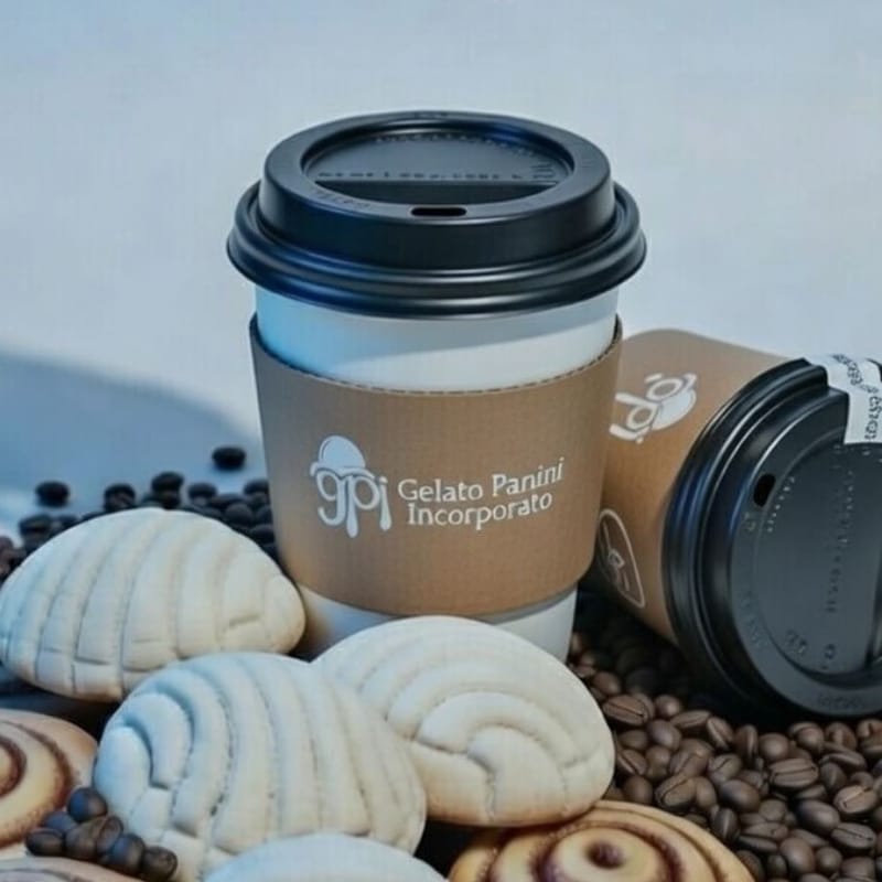 Vaso de café de Gelato Panini Incorporato entre conchas y roles