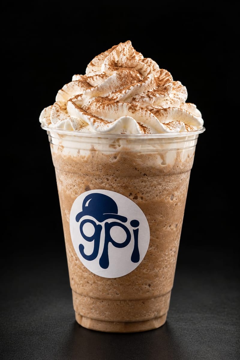 Frappé de GPI en vaso transparente con crema batida y canela encima