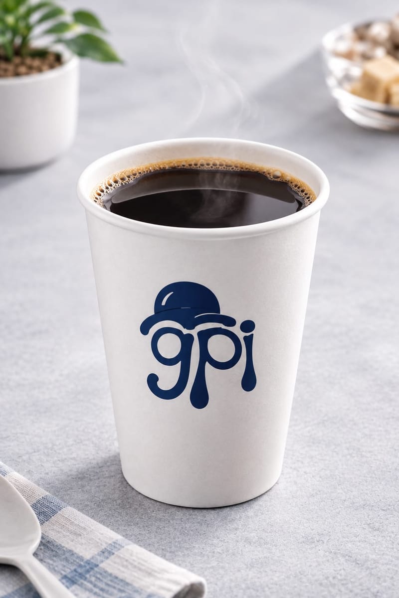 Vaso blanco de Gelato Panini Incorporato con café americano