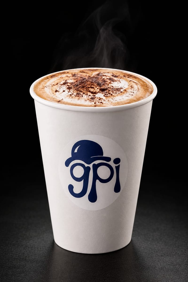 Vaso blanco de Gelato Panini Incorporato con capuchino y cacao espolvoreado