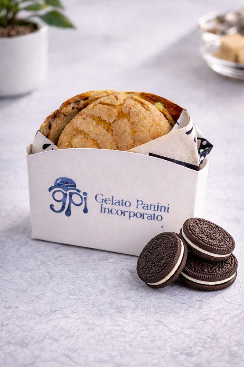 GPI Concha en su caja junto a galletas de chocolate rellenas de crema