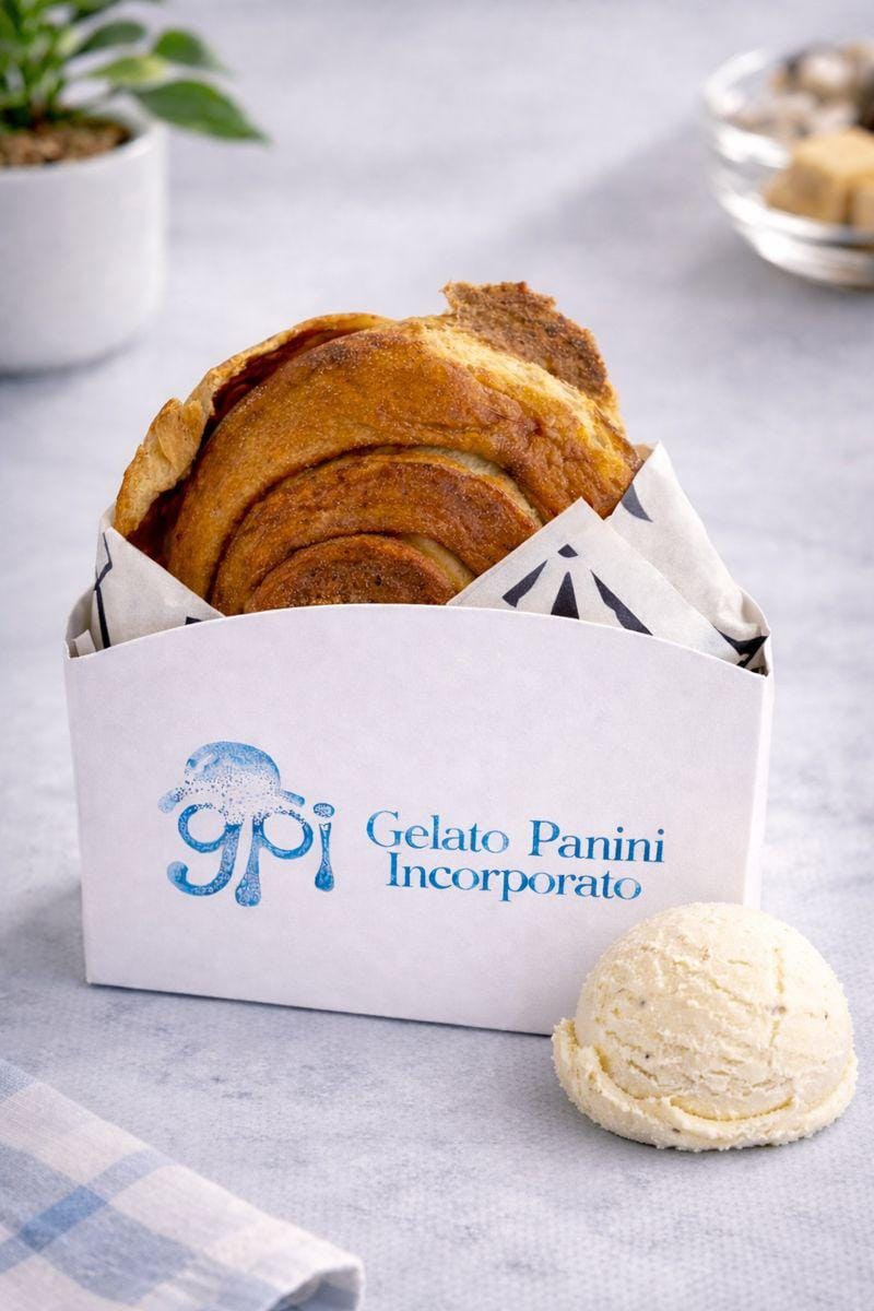 GPI Roll de Canela en su caja junto a una bola de gelato