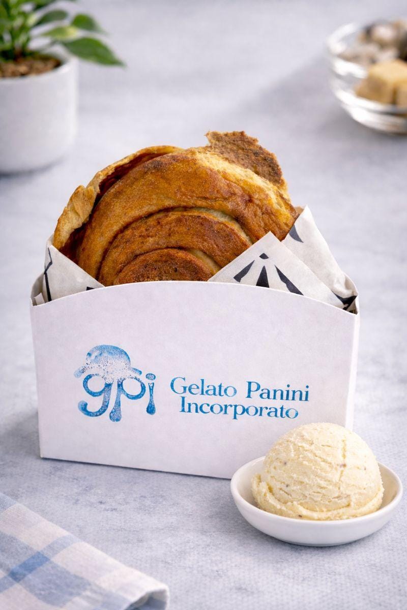 GPI Roll de Canela en su caja, con una bola de gelato al lado