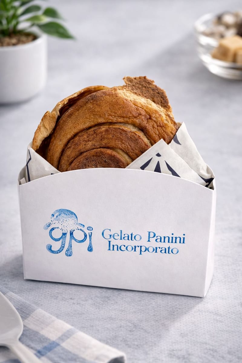 GPI Roll de Canela en su caja de Gelato Panini Incorporato, con el rol dorado asomando sobre el papel